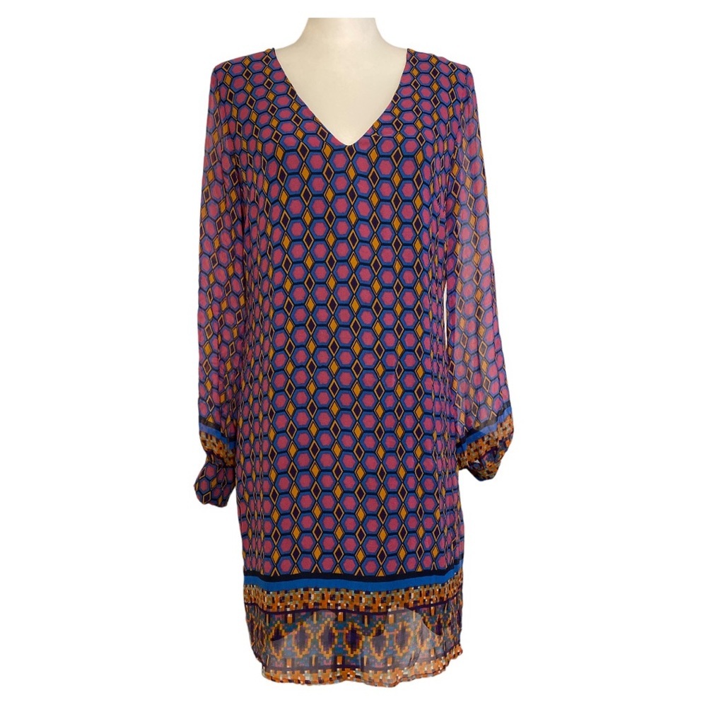 Lavender Brown‎ Shift Dress Size M Geometric Print Retro Long Sleeve 100% Silk